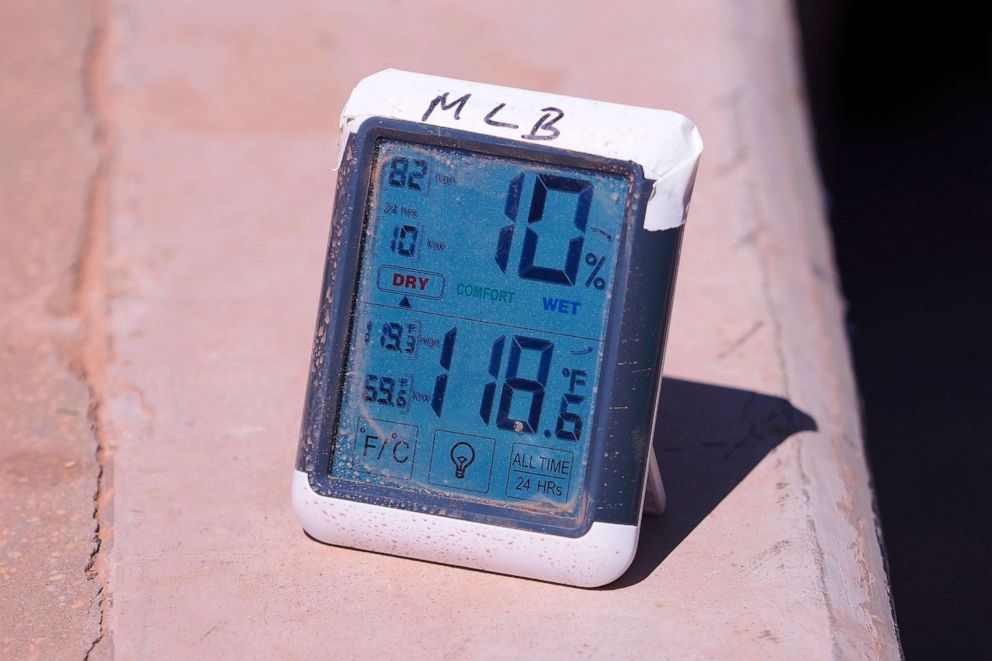 PHOTO: Field level thermometer indicates a warm day for the MLB game between the Atlanta Braves and the Washington Nationals on Sept. 8, 2019, at SunTrust Park in Atlanta, Georgia.