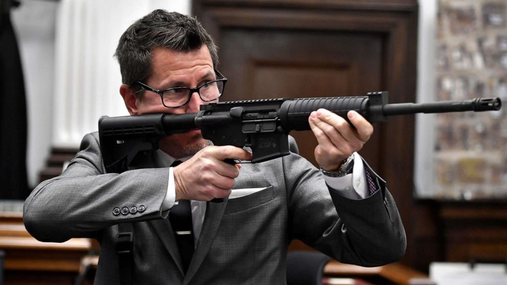 PHOTO: Assistant District Attorney Thomas Binger holds Kyle Rittenhouse's gun as he gives the state's closing argument in Kyle Rittenhouse's trial at the Kenosha County Courthouse on Nov. 15, 2021 in Kenosha, Wis. 