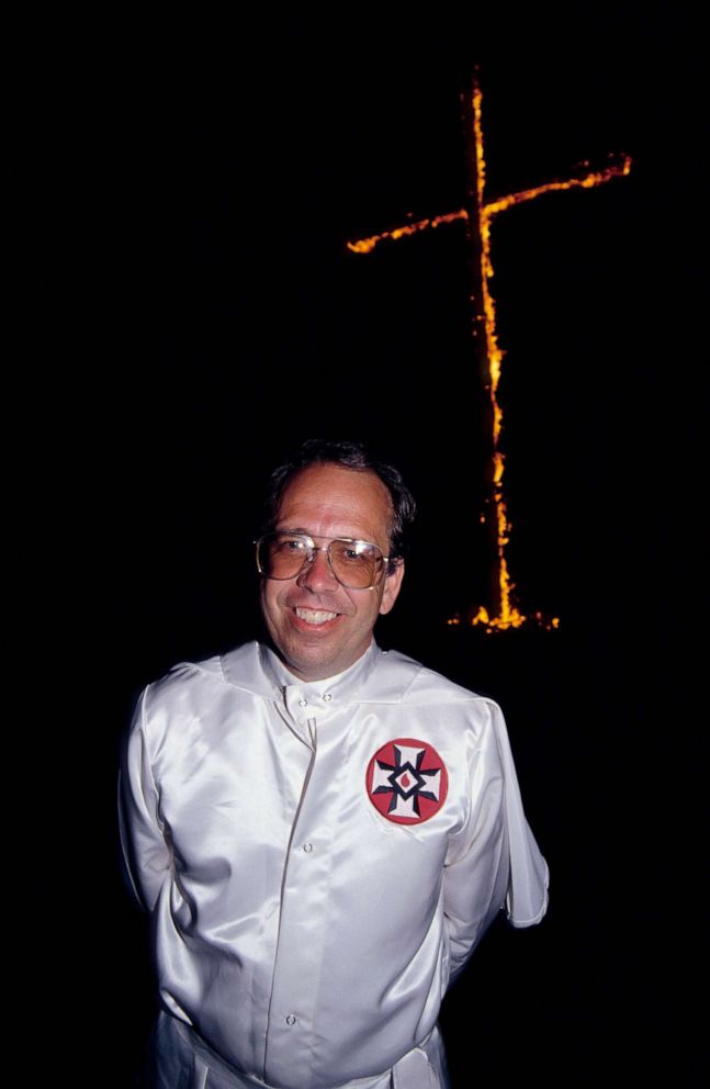 PHOTO: Thom Robb, director for the Arkansas-based Knights of the Ku Klux Klan, attends a cross burning rally in Hico, Texas, June 27, 1992.