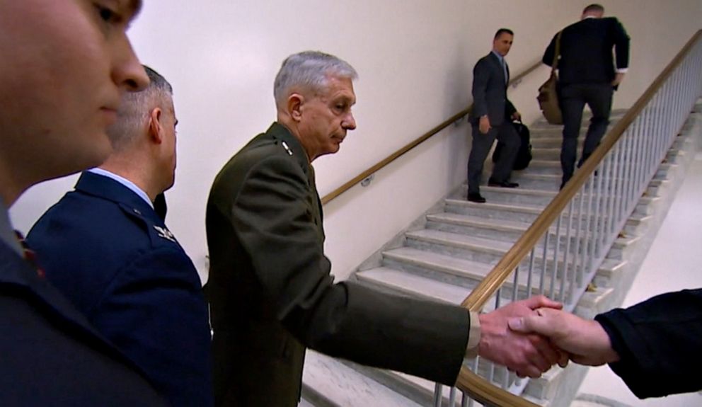 PHOTO: Gen. Thomas Waldhauser greets ABC News' James Gordon Meek in a congressional hallway in 2019.