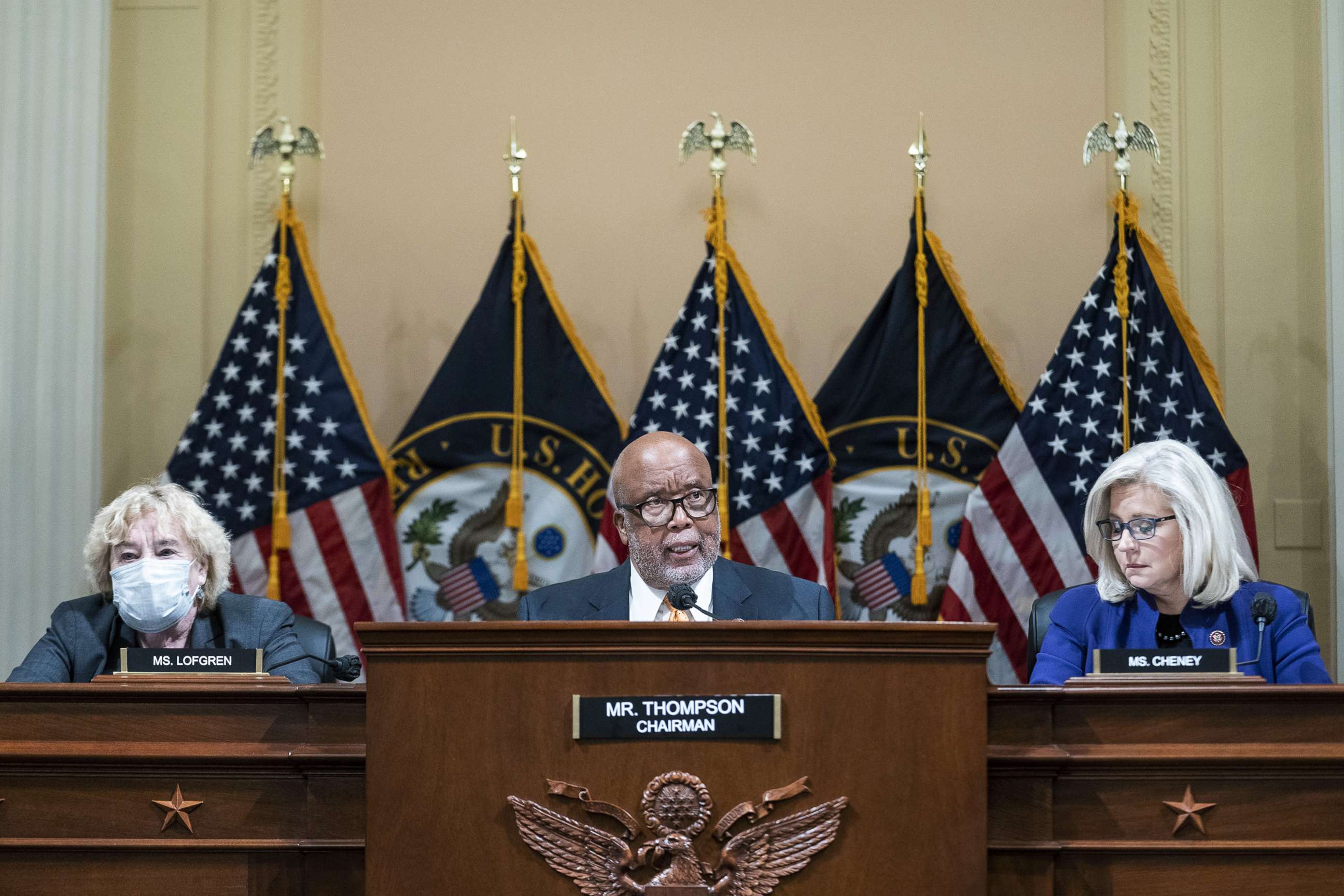 PHOTO: Rep. Bennie Thompson, chairman of the Select Committee to Investigate the January 6th Attack on the U.S. Capitol, center, leads a meeting of the committee at the U.S. Capitol in Washington, D.C., Oct. 19, 2021.