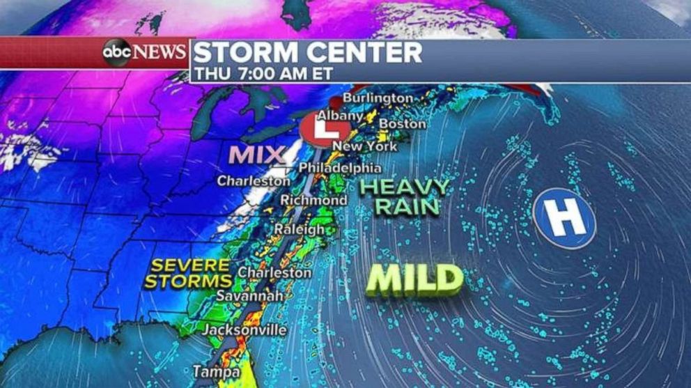PHOTO: The East Coast will feel the effects of the storm on Thursday morning.