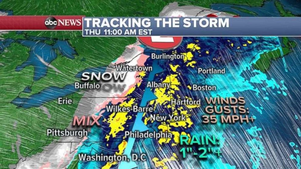 PHOTO: Heavy rain and gusty winds will move into the Northeast throughout the day on Thursday.