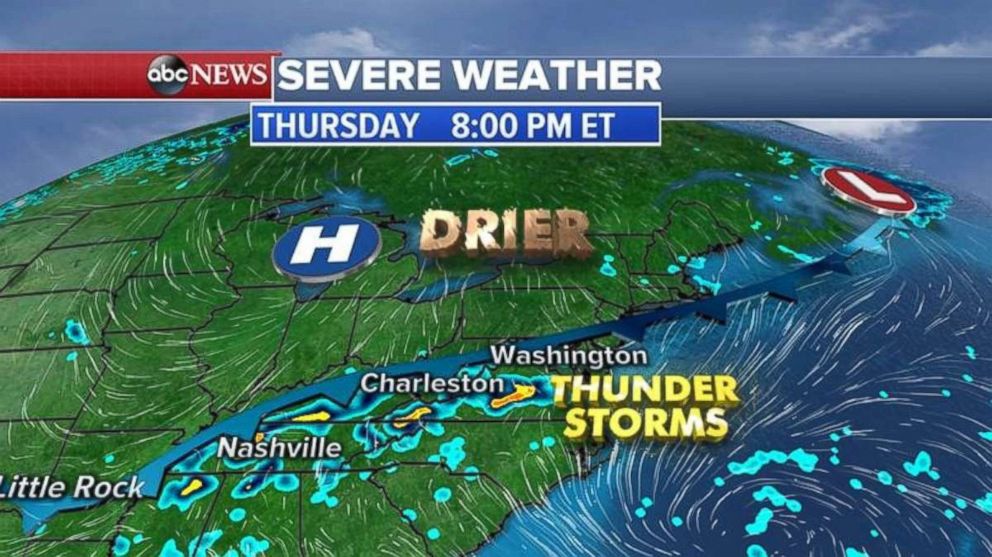Thunderstorms are possible in the Carolinas and Virginia on Thursday evening.