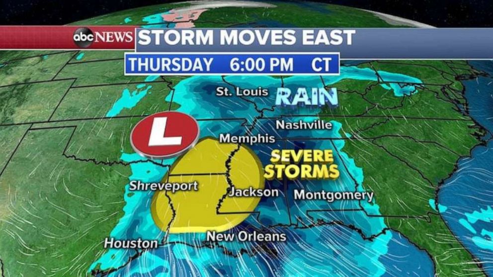 PHOTO: Severe storms are possible in the Deep South on Thursday evening.