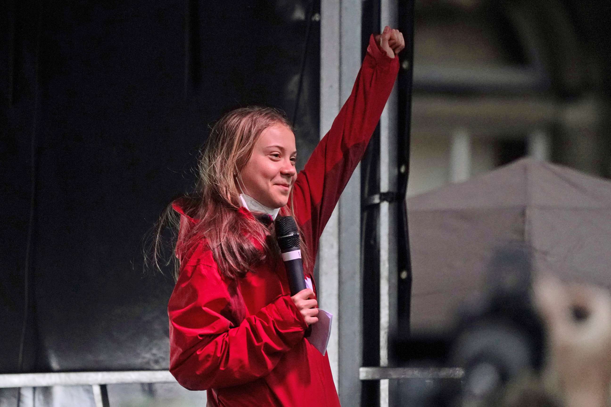 PHOTO: Swedish climate activist Greta Thunberg salutes after giving her speech during a demonstration in Glasgow, Scotland, Nov. 5, 2021.