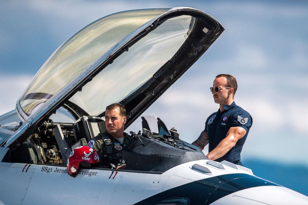 PHOTO: Maj. Stephen Del Bagno, Thunderbird 4/Slot Pilot, and Staff Sgt. Michael Meister, Thunderbird 4 Dedicated Crew Chief, await the signal to start their F-16 Fighting Falcon during a practice show at Nellis Air Force Base, Nev., Mar. 14, 2018.