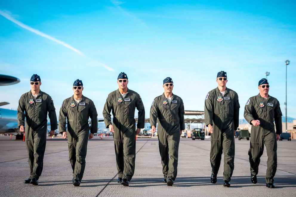 PHOTO: Maj. Stephen Del Bagno, Thunderbird 4/Slot Pilot, (pictured third from the left) marches to his F-16 Fighting Falcon alongside the five other Thunderbird pilots during a practice show at Nellis Air Force Base, Nev., Mar. 14, 2018. 