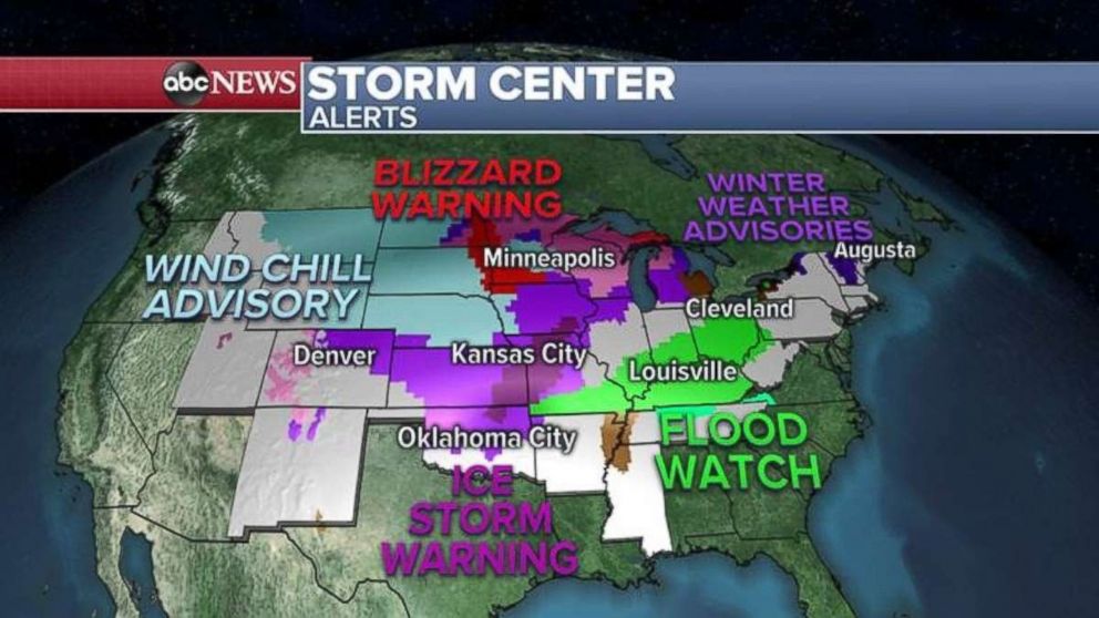 PHOTO: There are alerts in place across much of the U.S. on Thursday for snow, ice or rain.