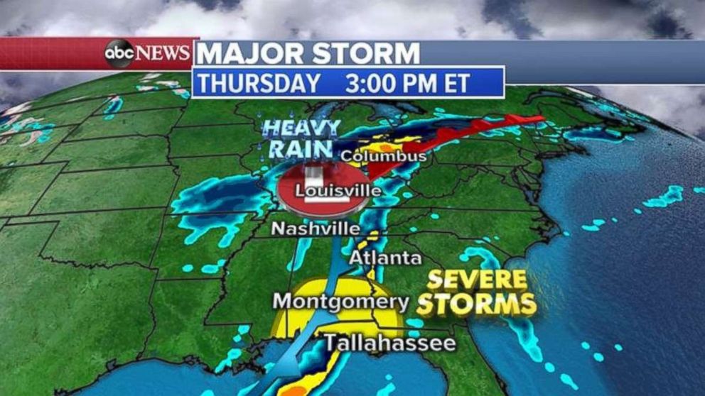 PHOTO: Heavy rain will move into the Ohio River Valley Thursday afternoon, while severe storms are possible along the Gulf Coast.