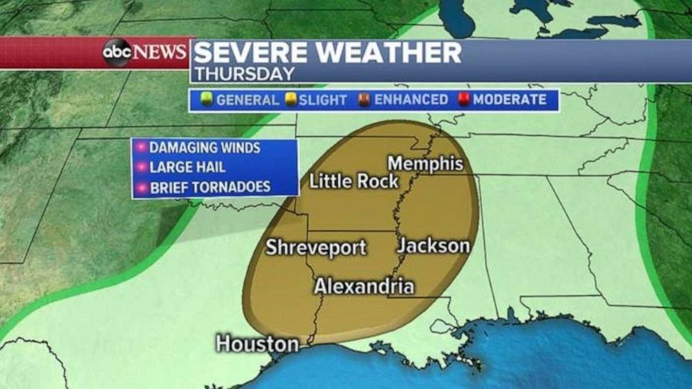 PHOTO: The severe weather risk moves to Louisiana, Arkansas and Mississippi on Thursday.