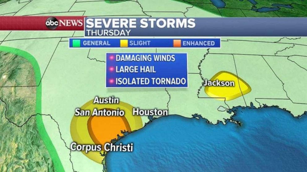 PHOTO: Severe storms are possible in southeast Texas and Mississippi on Thursday.