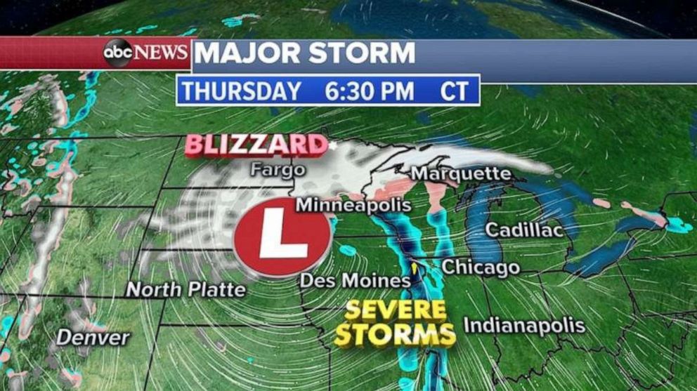 PHOTO: In addition to blizzard conditions in the Northern Plains, severe storms will move through Illinois and Indiana late Thursday.