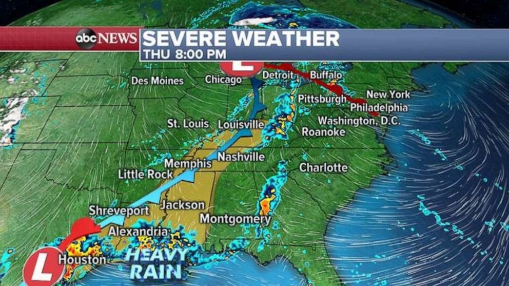 PHOTO: Heavy rain will also flare up in the area of Houston late Thursday.