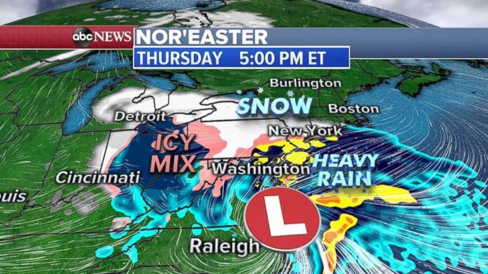 PHOTO: Snow will move into the Northeast on Thursday afternoon.