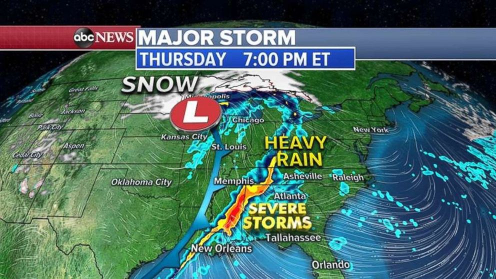 PHOTO: Severe storms will move through Louisiana, Mississippi and Alabama by 7 p.m. on Thursday.