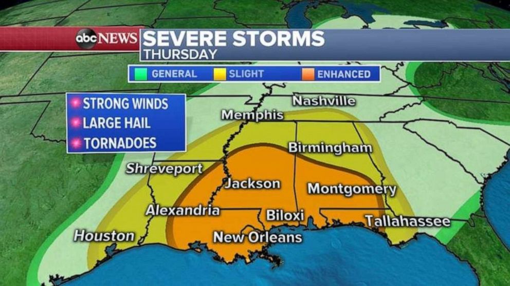 PHOTO: The threat for tornadoes is higher along the Gulf Coast on Thursday than it was Wednesday.