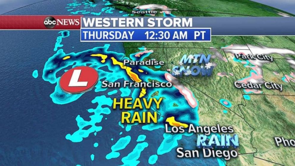 PHOTO: Rain will stretch from San Francisco to Santa Barbara late Wednesday into Thursday.