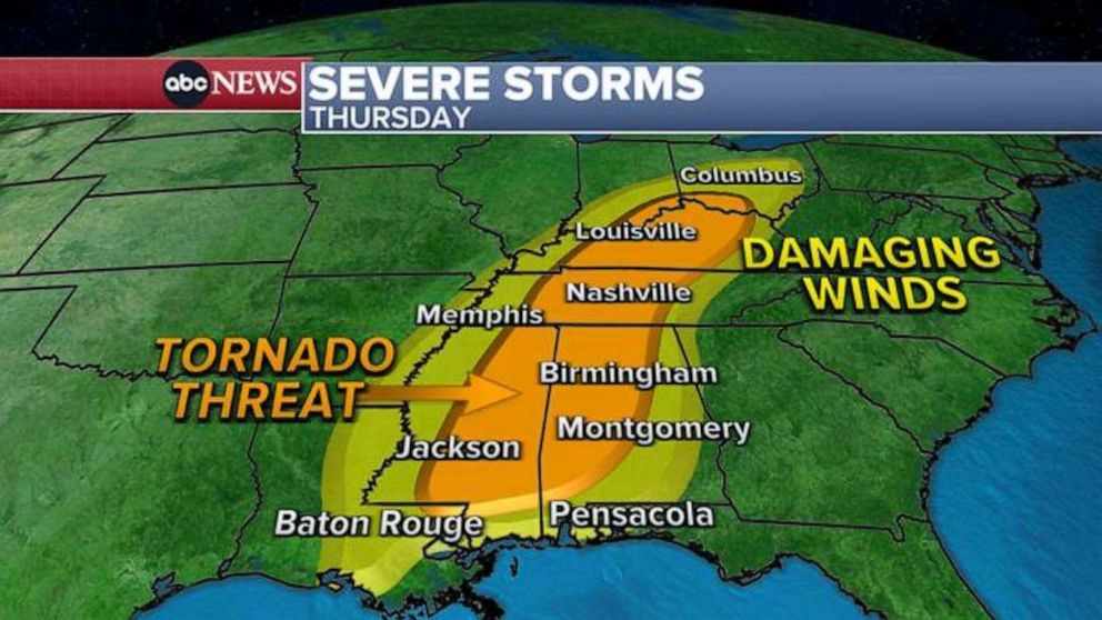 PHOTO: There is a threat for tornadoes in the South and Midwest on Thursday.