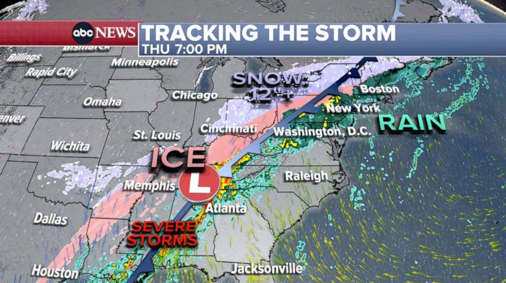 PHOTO: By 7PM Thursday the storm starts to wind down from Texas to Tennessee although conditions remain quite icy as bitter cold air moves in.