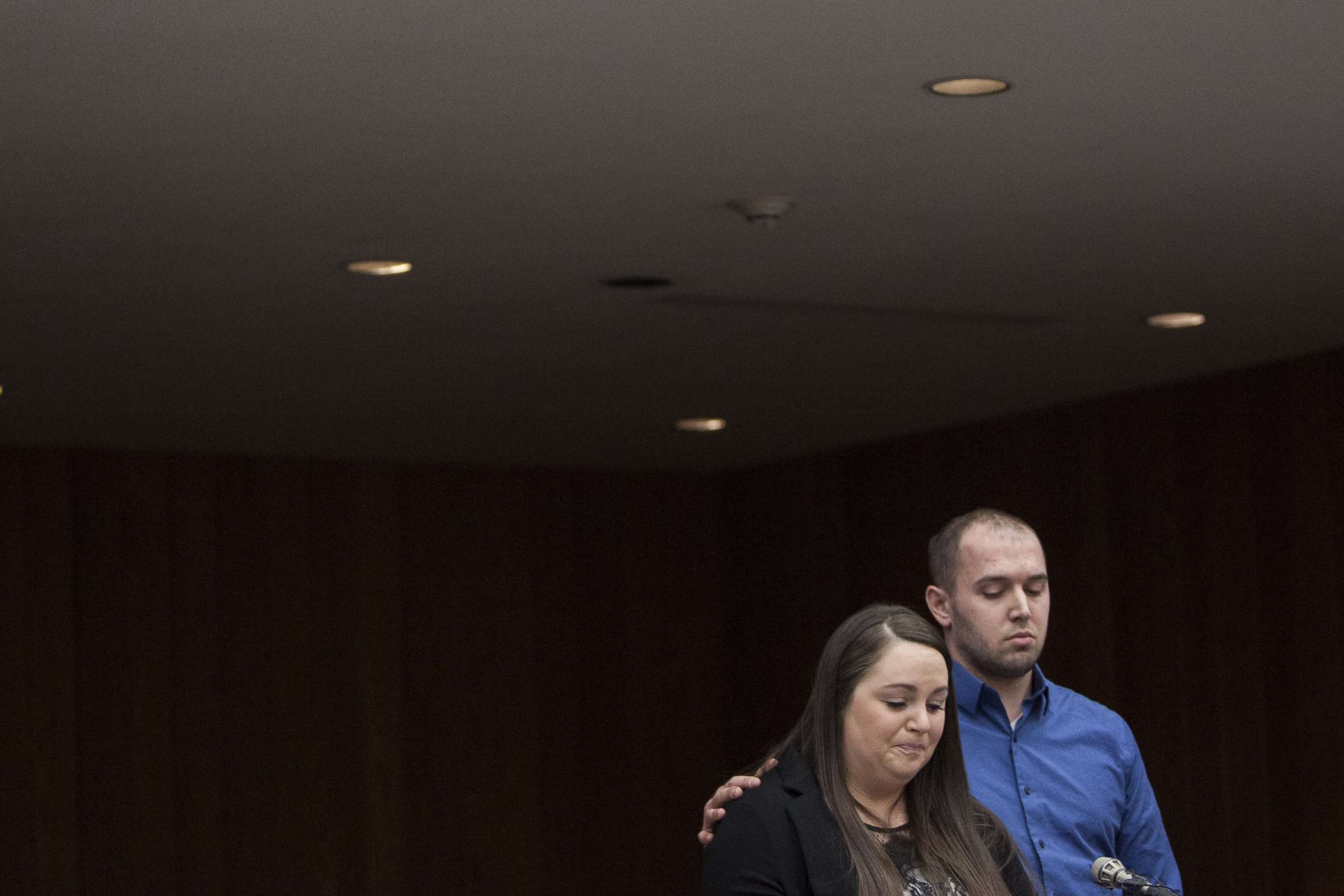 PHOTO: Tiffany Dutton gives her statement, near her husband, Chad, during Larry Nassar's sentencing at Eaton County Circuit Court in Charlotte, Jan. 31, 2018.
