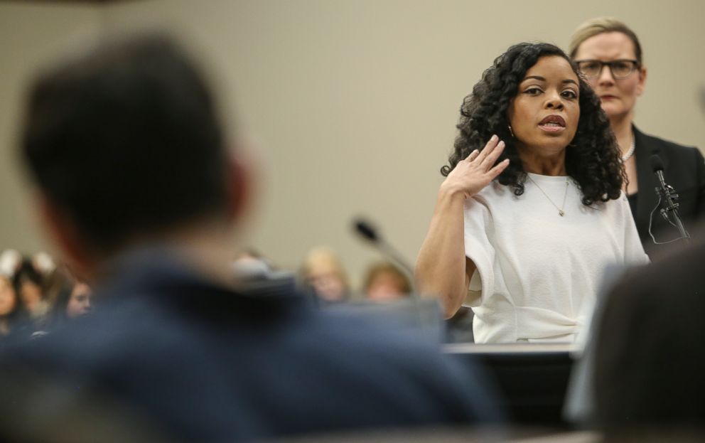 PHOTO: Tiffany Thomas Lopez addresses Larry Nassar, during the second day of victim impact statements regarding the former sports medicine doctor, who plead guilty to seven counts of sexual assault, Jan. 17, 2018.