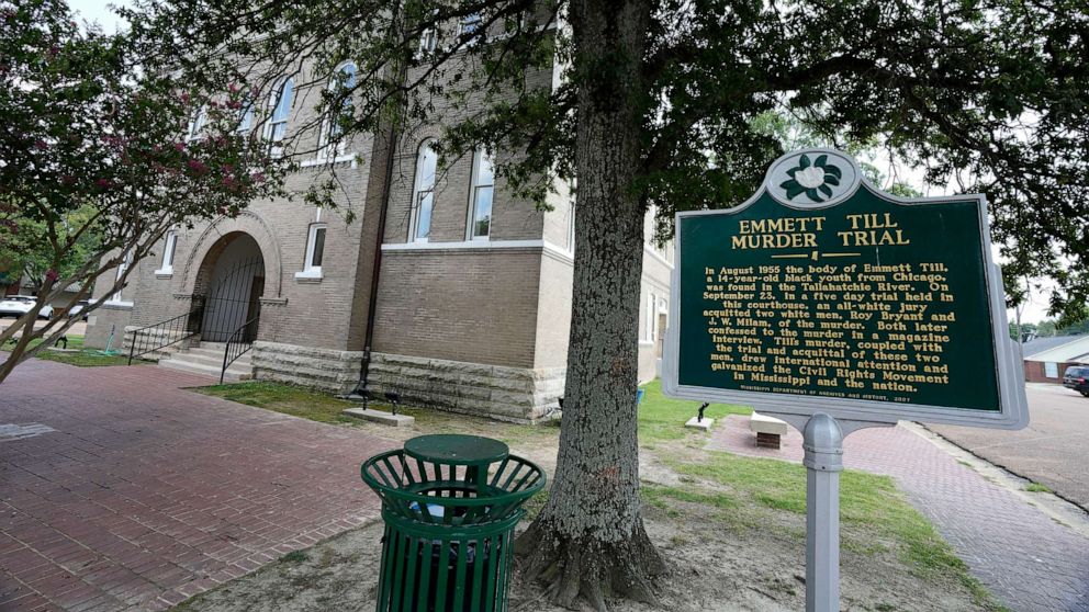 PHOTO: A Mississippi Department of Archives and History historical marker outlines the details of the Emmett Till murder trial at the Tallahatchie County Second District Courthouse, July 24, 2023, in Sumner, Miss.
