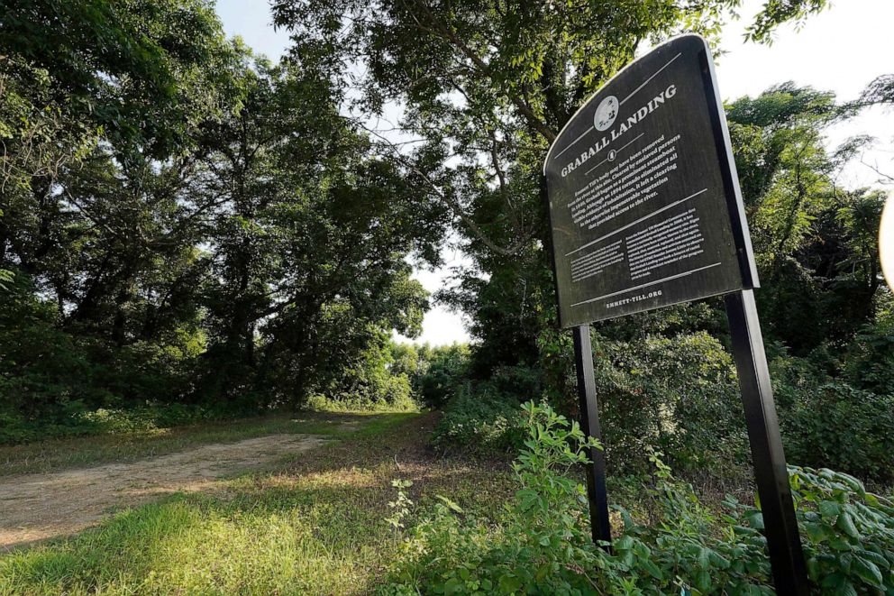 PHOTO: A memorial sign at Graball Landing, the spot where Emmett Till's body was pulled from the Tallahatchie River in 1955, just outside of Glendora, Miss., July 24, 2023.