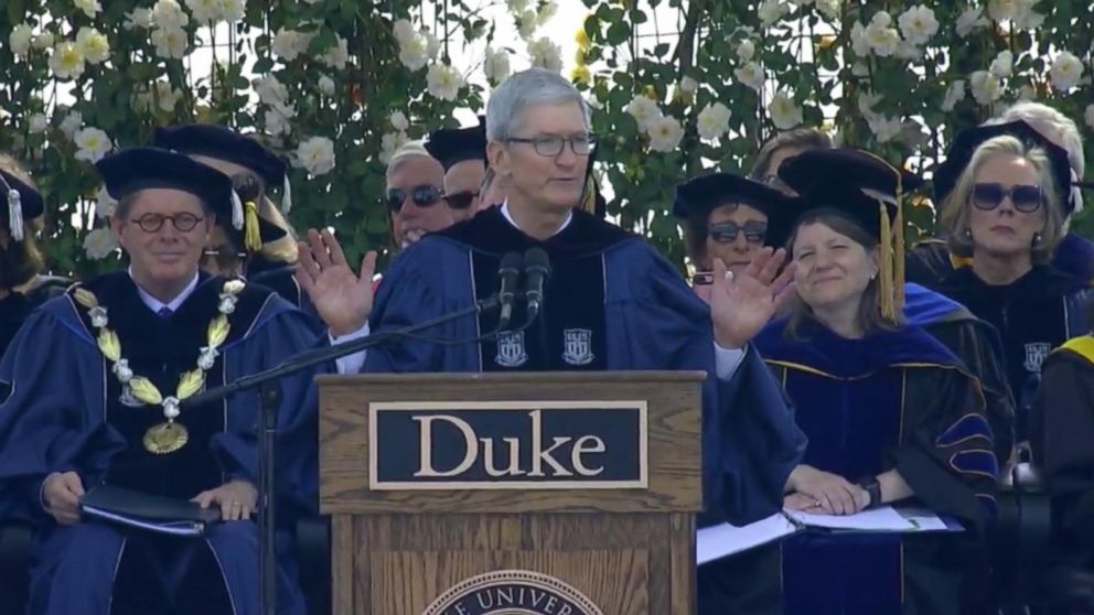 PHOTO: Apple CEO Time Cook, a graduate of Duke University's Fuqua School of Business and a member of the university's Board of Trustees, delivers the commencement address to graduating students in Durham, N.C., May 13, 2018.