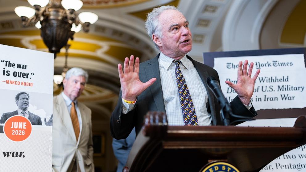 PHOTO: Senator Tim Kaine speaks following a policy luncheon at the U.S. Capitol, July 21, 2026 in Washington.