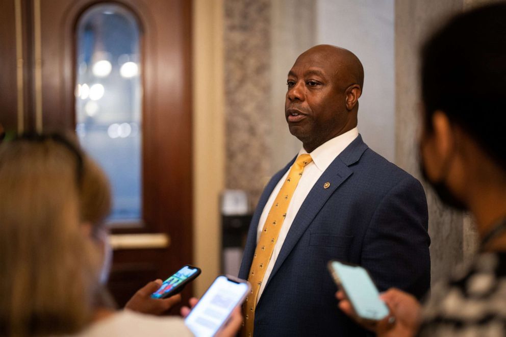 PHOTO: Sen. Tim Scott speaks to reporters after a vote at the Capitol in Washington, D.C., Sept. 22, 2021.
