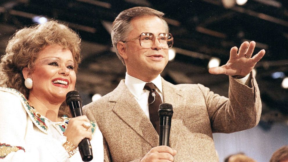 Tammy Faye Bakker and her then-husband, television evangelist Jim Bakker, talk to their TV audience at their PTL ministry near Fort Mill, S.C., in this Aug. 20, 1986 file photo.