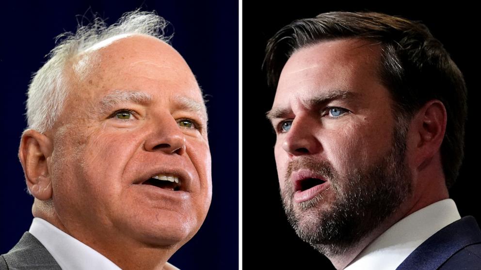PHOTO: This combination of photos shows Democratic vice presidential nominee Minnesota Gov. Tim Walz and Republican vice presidential nominee Sen. JD Vance.