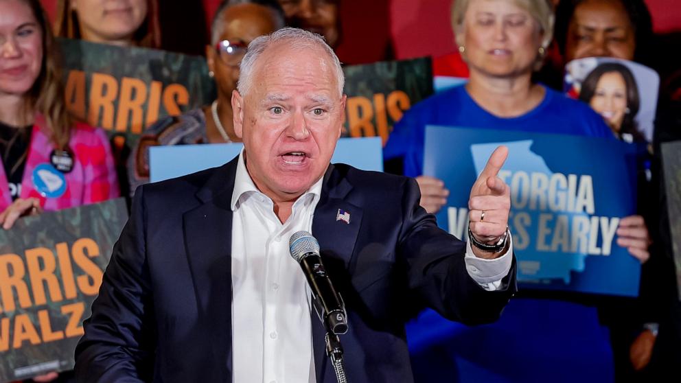 PHOTO: Democratic vice presidential nominee and Minnesota Governor Tim Walz campaigns during a get-out-the-vote rally in Savannah, Georgia, Oct. 29, 2024.