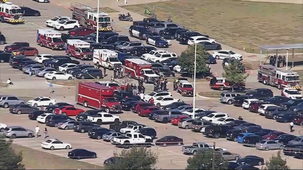 PHOTO: First responders gather outside Timberview High School in in Arlington, Texas, after reports of a shooting, Oct. 6, 2021.