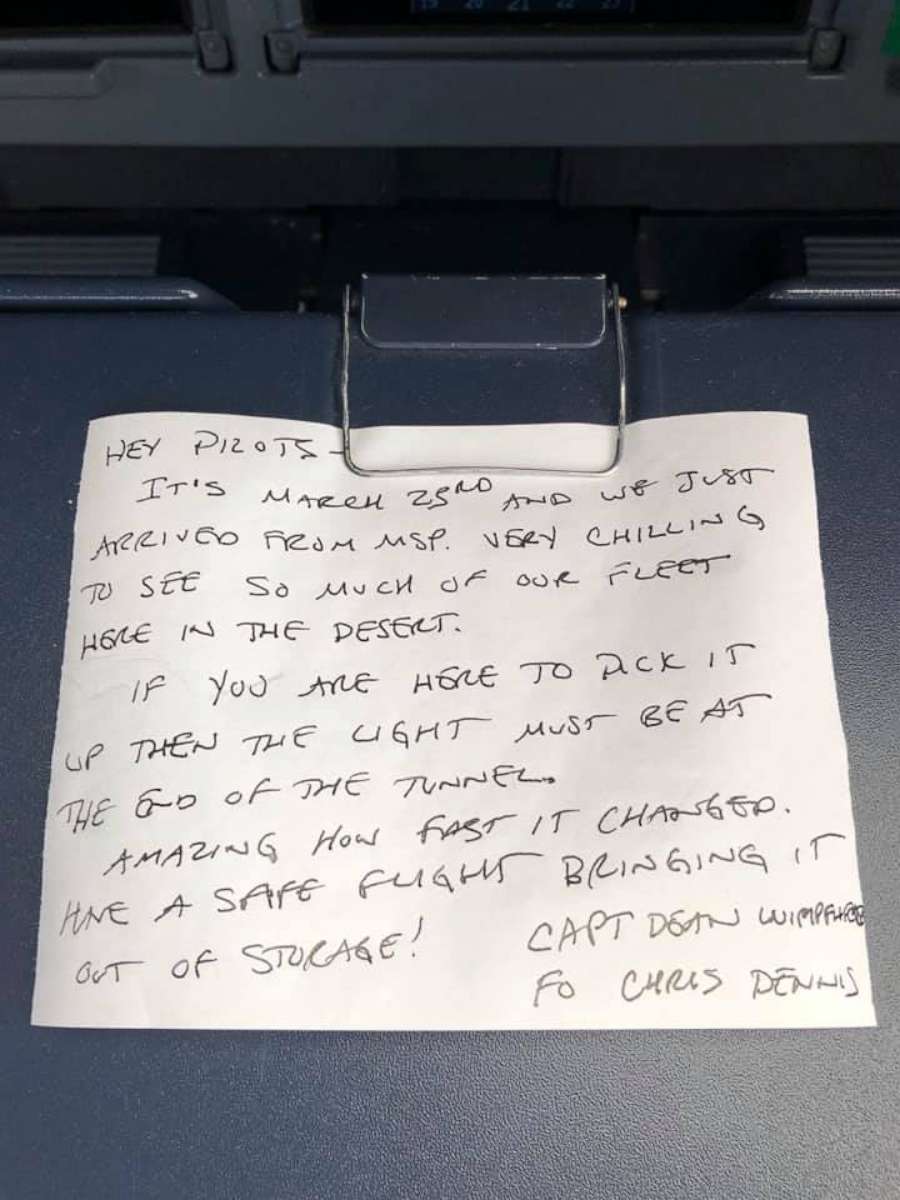 PHOTO: A note saying: "If you are here to pick up then light must be at the end of the tunnel" was found in a Delta aircraft that had been in long term storage for more than a year. It was written by the last pilot who brought it to storage.
