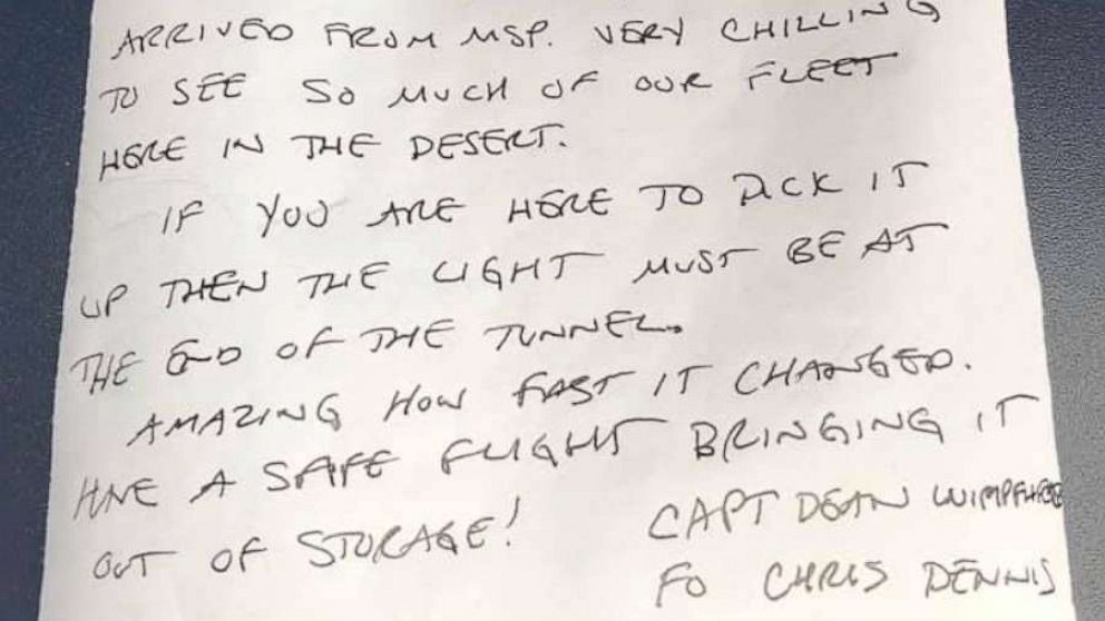 PHOTO: A note saying: "If you are here to pick up then light must be at the end of the tunnel" was found in a Delta aircraft that had been in long term storage for more than a year. It was written by the last pilot who brought it to storage.