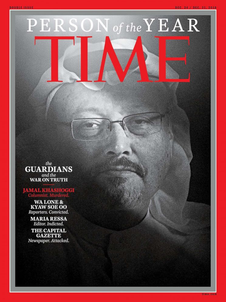 PHOTO: This image obtained on Dec. 11, 2018, courtesy of Time magazine shows Saudi journalist Jamal Khashoggi on one of four covers for Time magazine "Person of the Year."