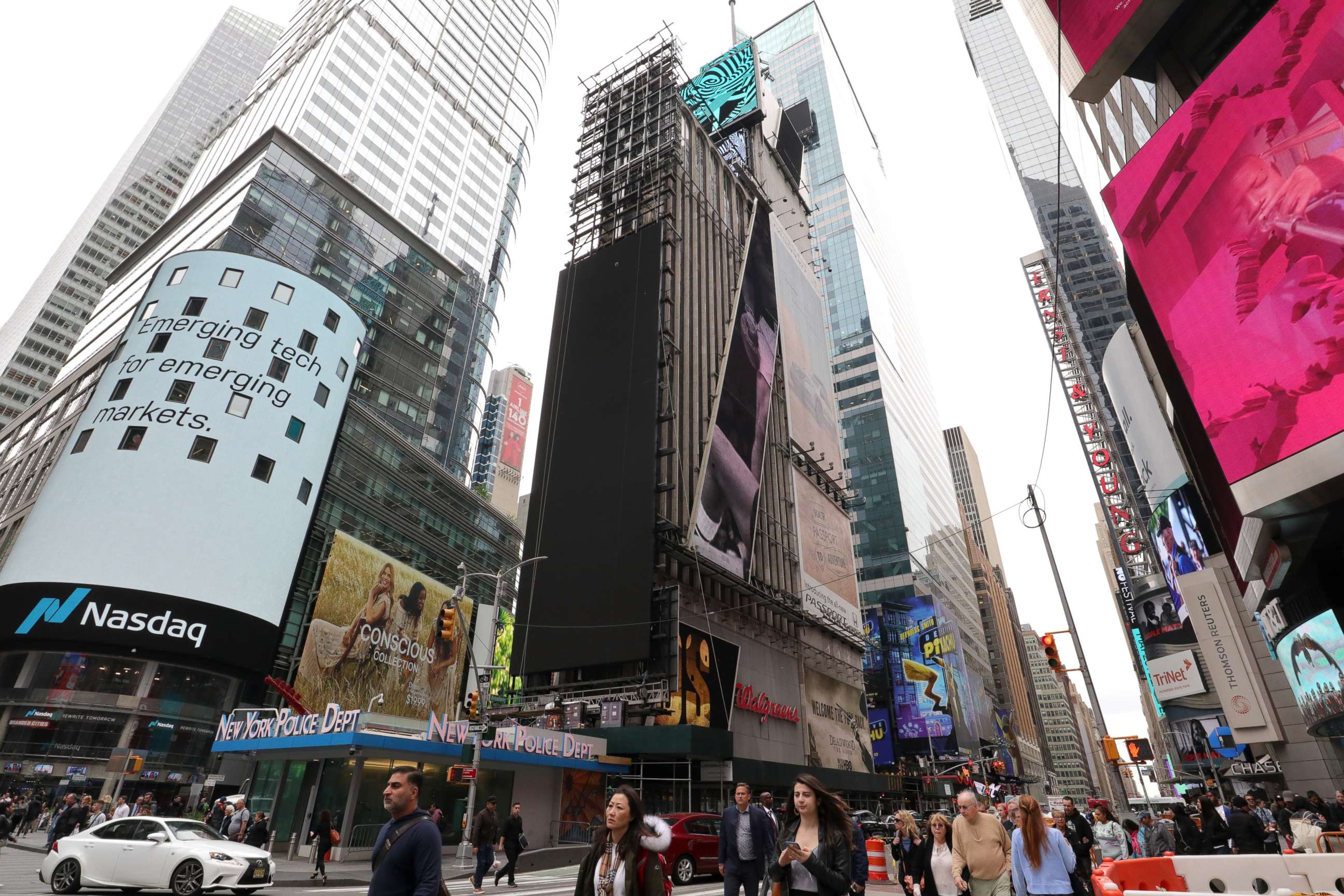 PHOTO: A new advertising board is installed on One Times Square on May 9, 2019 in New York City.