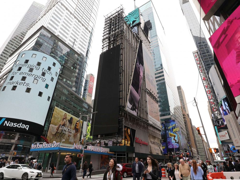 PHOTO: A new billboard is installed on One Times Square on May 9, 2019 in New York.