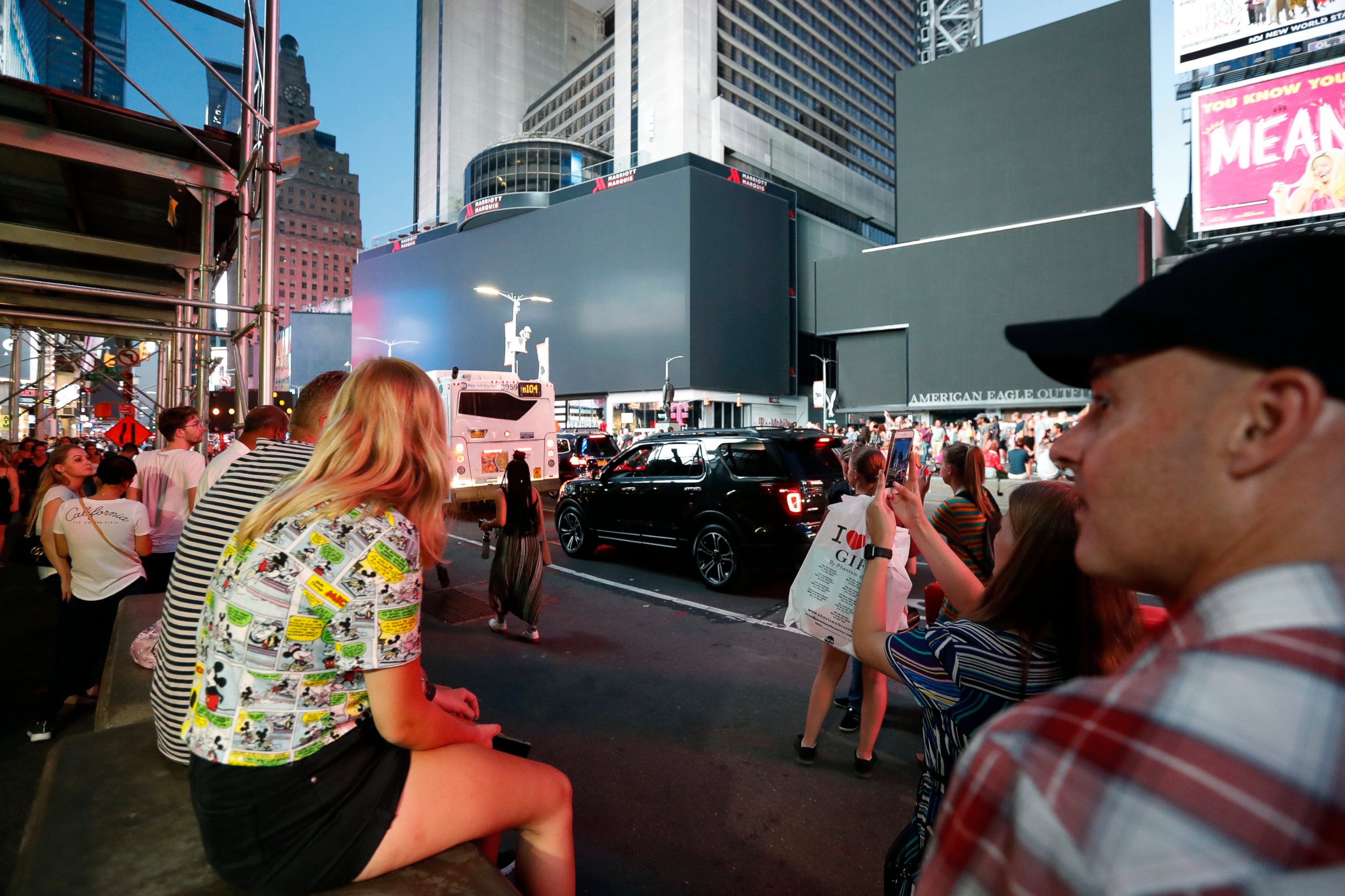 PHOTO: Screens in Times Square are black during a widespread power outage, Saturday, July 13, 2019, in New York. 