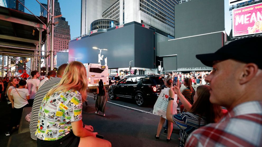 PHOTO: Screens in Times Square are black during a widespread power outage, Saturday, July 13, 2019, in New York. 