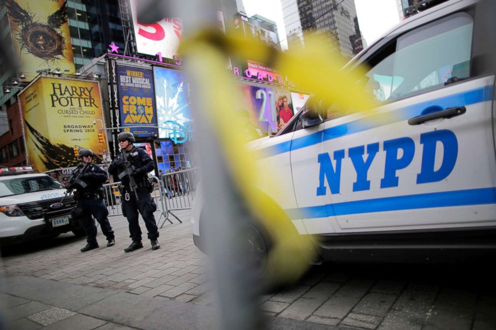 PHOTO: Members of the New York Police Department's Counterterrorism Bureau stand guard before Christmas Eve at Times Square in New York City, Dec. 24, 2017.