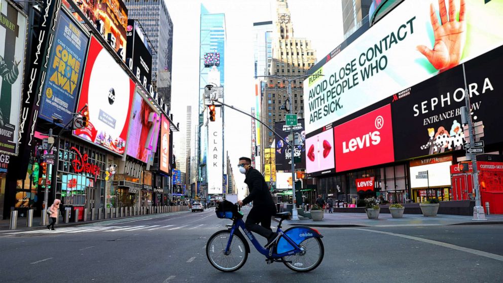 PHOTO: A general view of Times Square on March 18, 2020, in New York City.  The World Health Organization declared COVID-19 a global pandemic on March 11th.