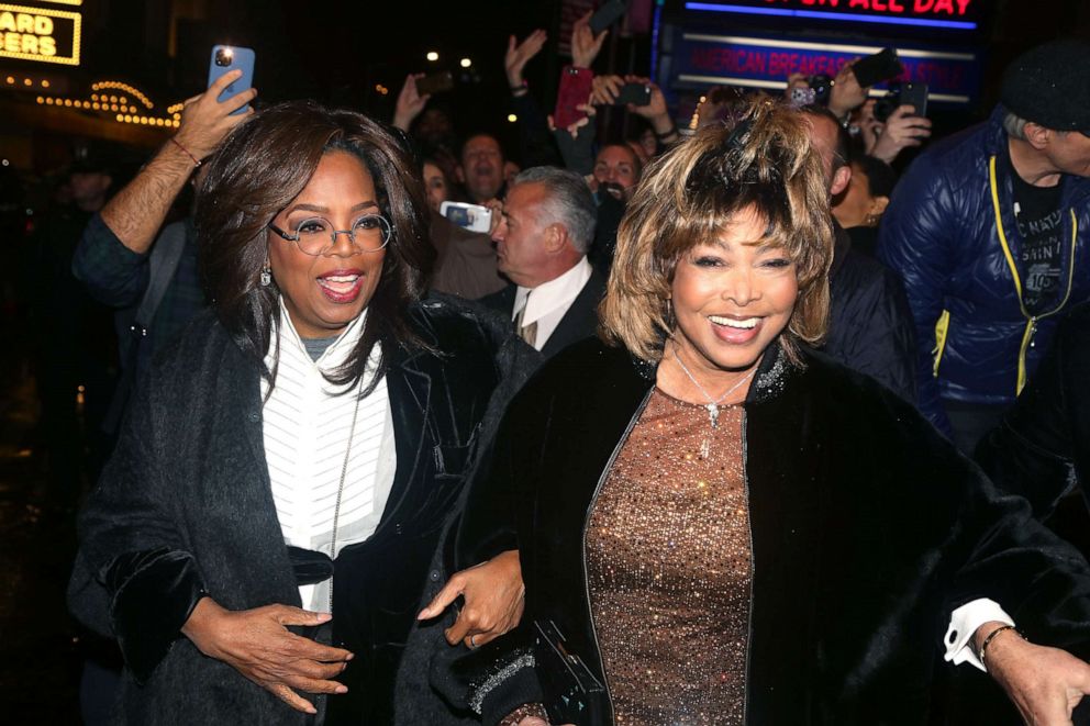 PHOTO: Oprah Winfrey and Tina Turner arrive at the opening night of "Tina - The Tina Turner Musical," Nov. 7, 2019, in New York City.