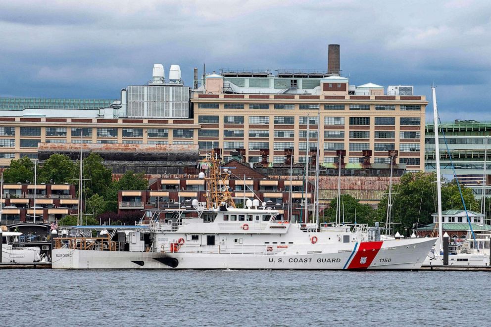 PHOTO: A US Coast Guard vessel sits in port in Boston Harbor across from the US Coast Guard Station Boston in Boston, June 19, 2022.