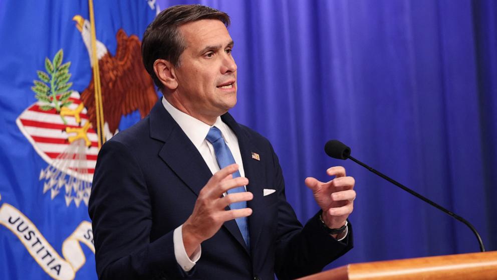 PHOTO: Attorney General Todd Blanche speaks during a press conference at the Justice Department in Washington, January 30, 2026.