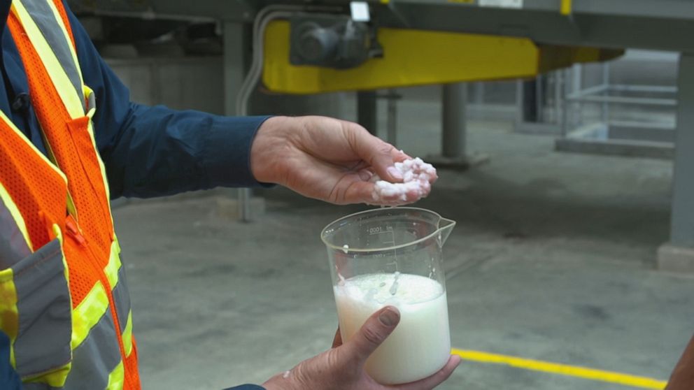 PHOTO: ABC News correspondent Clayton Sandell holds some of the paper pulp that is eventually machine-pressed to make paper towel and toilet paper at a Procter & Gamble facility in Box Elder, Utah.