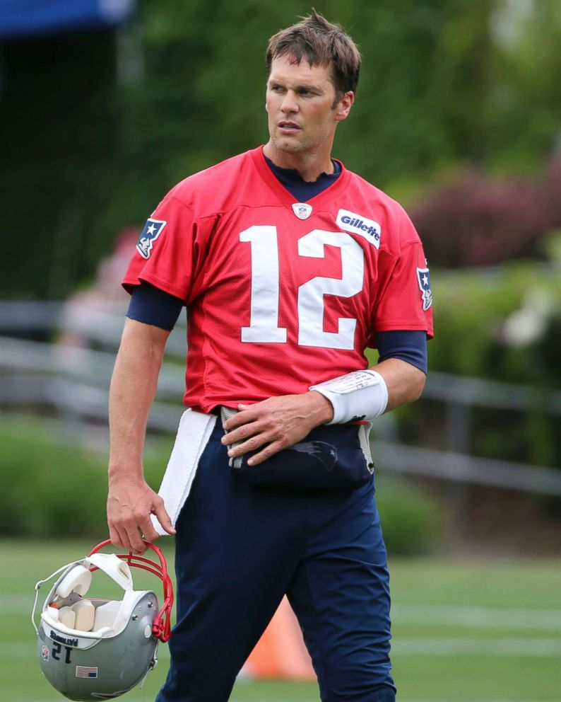 PHOTO: New England Patriots quarterback Tom Brady is pictured during a break in an NFL football minicamp practice, June 6, 2018, in Foxborough, Mass.