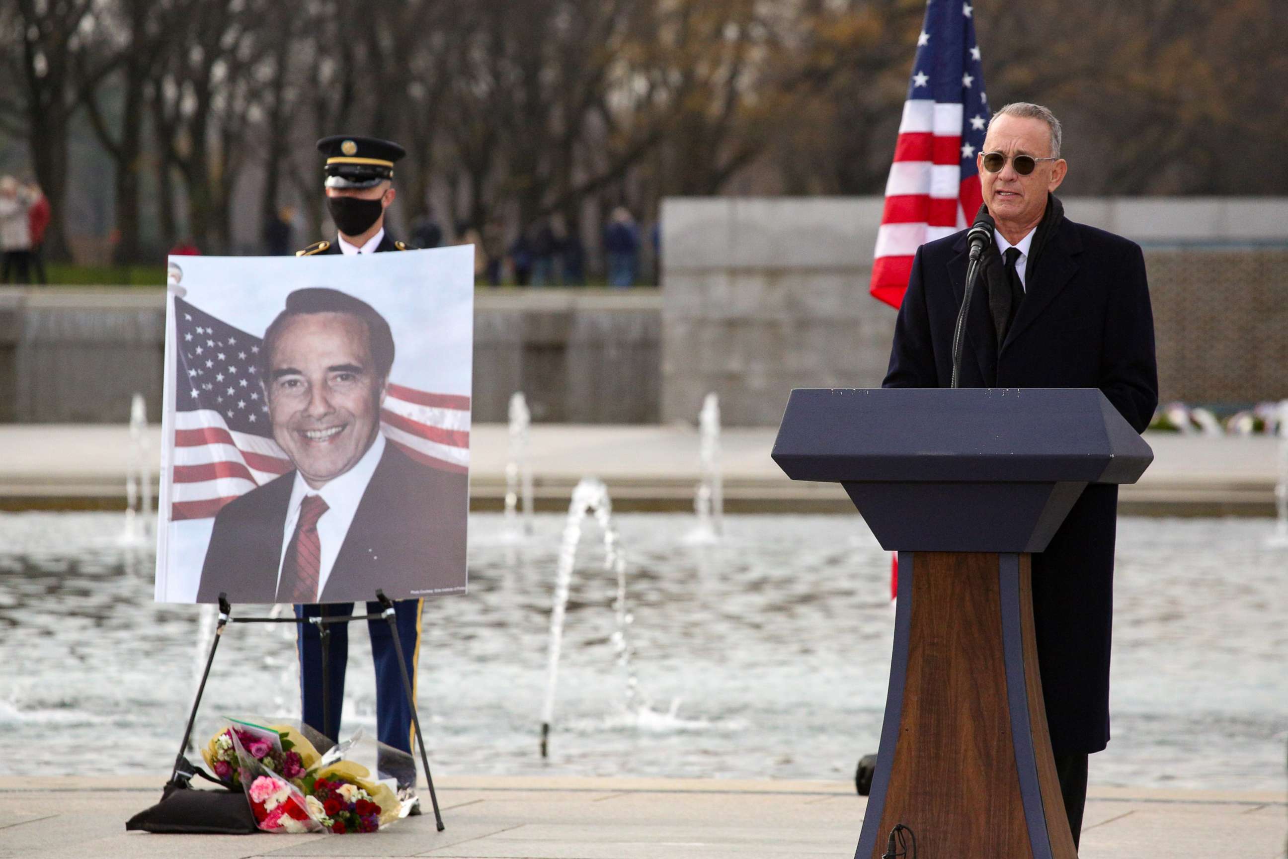 PHOTO: Actor Tom Hanks speaks at a public memorial for the late Sen. Bob Dole at the World War II Memorial in Washington, D.C., on Dec. 10, 2021.